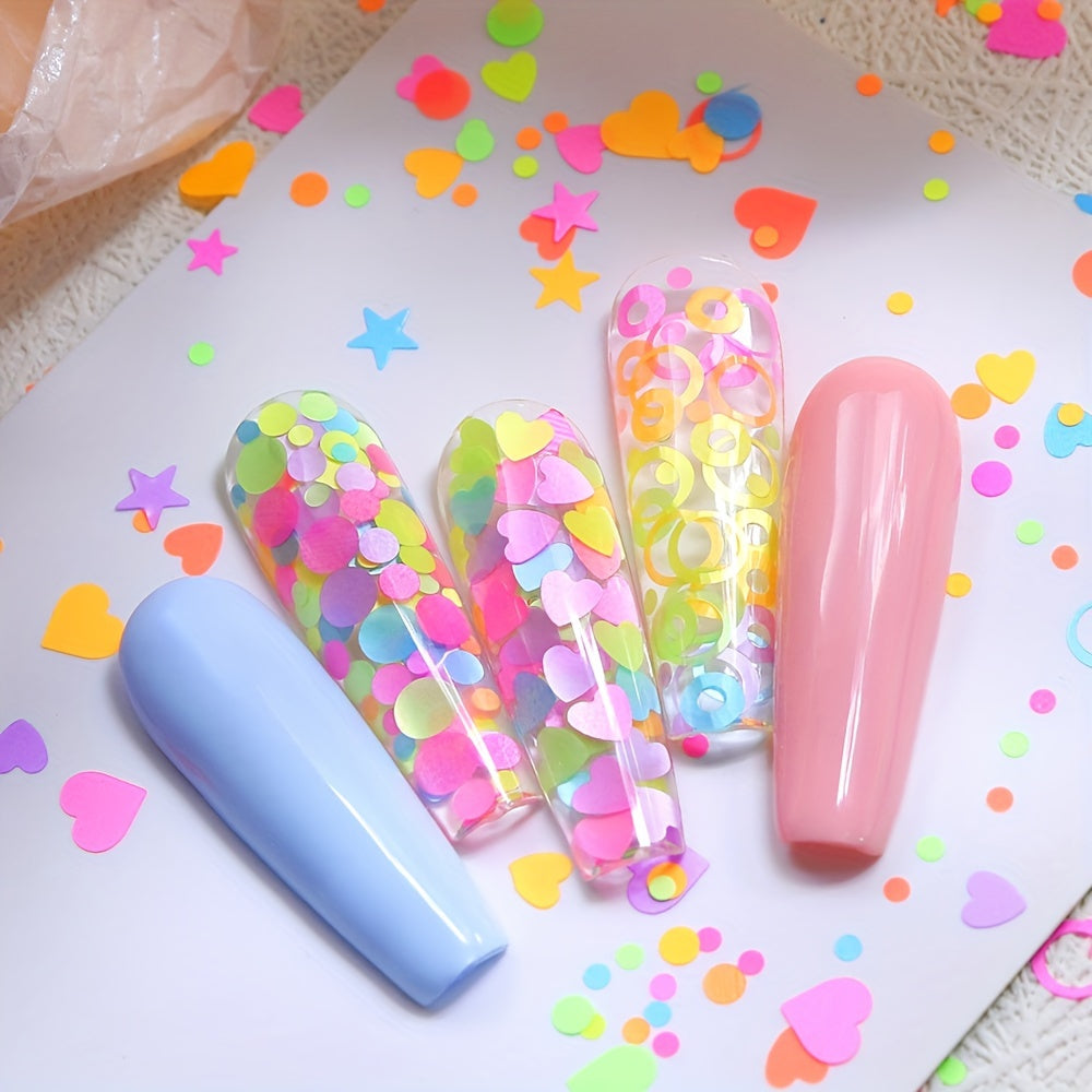 7-Pack Fluorescent Glitter Nail Art Decorations, 2g Each, Mixed Colorful Ring, Heart & Star Shapes, Gel Nail Filler, DIY Charm, Nail Supplies for Salon & Home Use For Music Festival