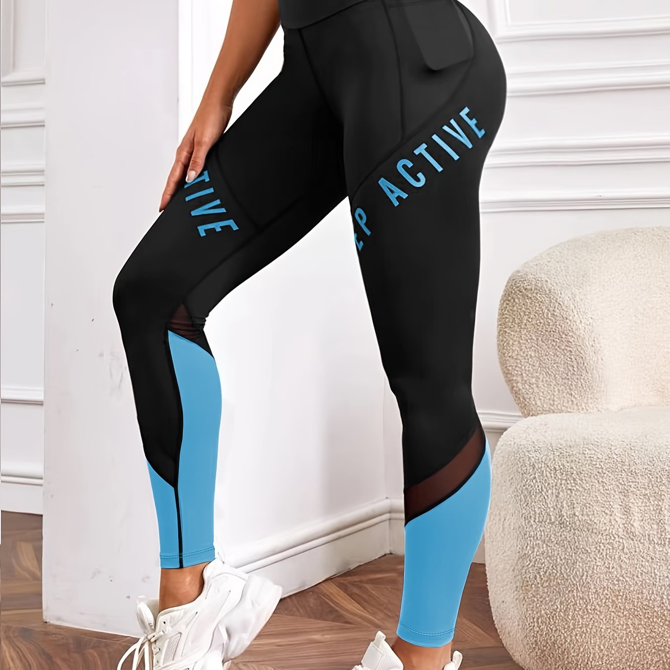 Casual Women'S Color-Blocked Mesh Patchwork Letter Print Pocket Comfortable Elastic Waist Versatile Tight Yoga Leggings.