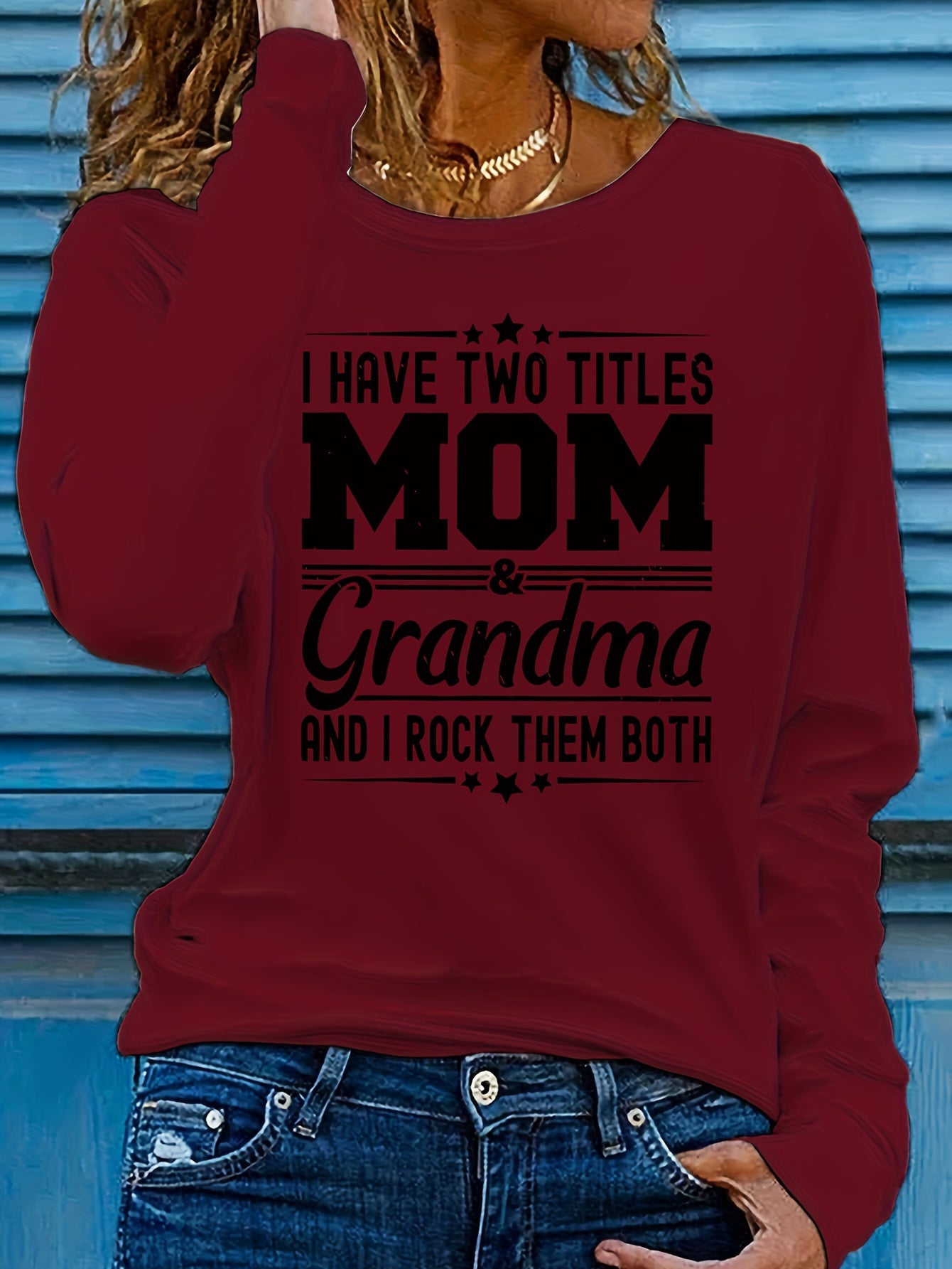 Women'S Long Sleeve Crew Neck T-Shirt with "Mom & Grandma" Letter Print, Casual Polyester Top for All Seasons, Knit Fabric with Medium Stretch, Regular Fit - Applique Detail