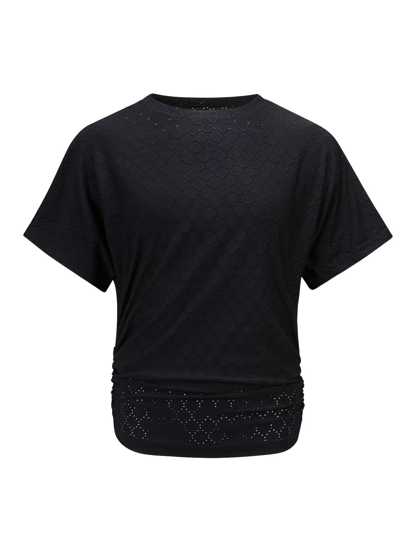 Women's Elegant Solid Color Blouse with Casual Textured Batwing Sleeves - Lightweight Polyester, Ruched Detail, Perfect for Spring/Summer