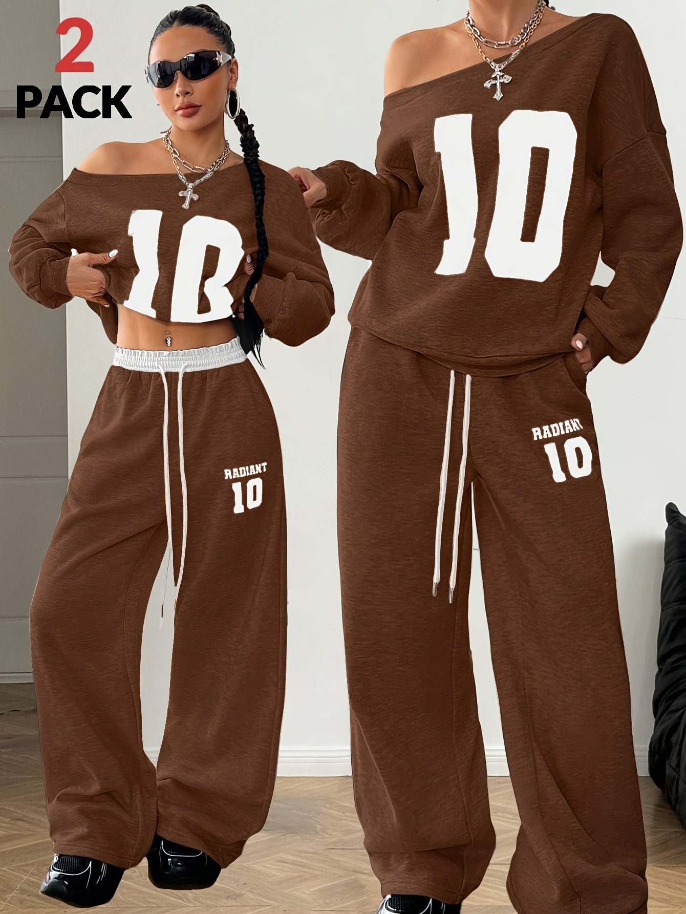 Digital Print Warm Asymmetric Collar Long Sleeve Sweatshirt and White Elastic Waist Wide Leg Jogging Pants