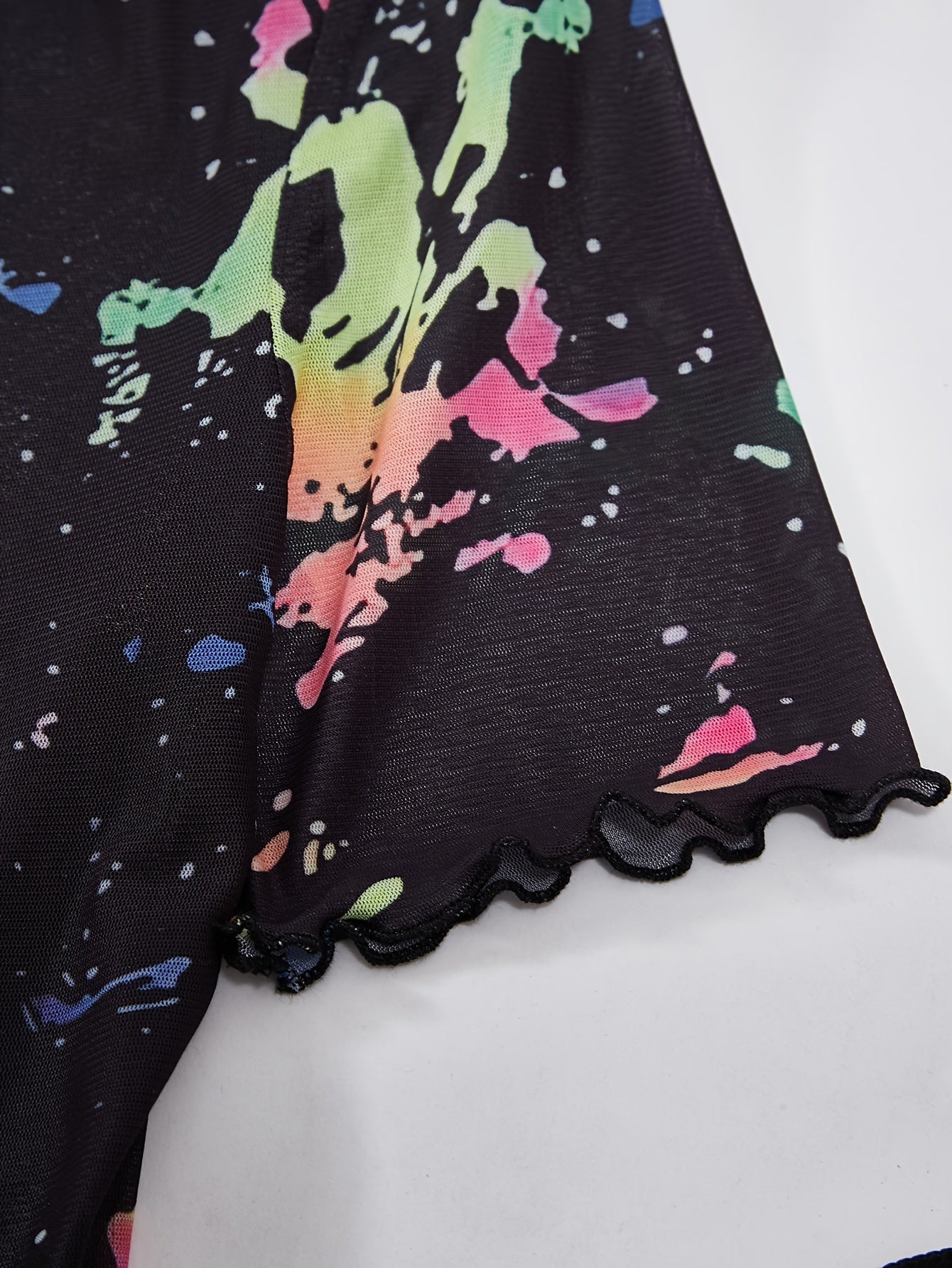 Colorful Print Mock Neck T-shirt, Y2K Short Sleeve Lettuce Trim Crop Semi-sheer Top For Spring & Summer, Women's Clothing