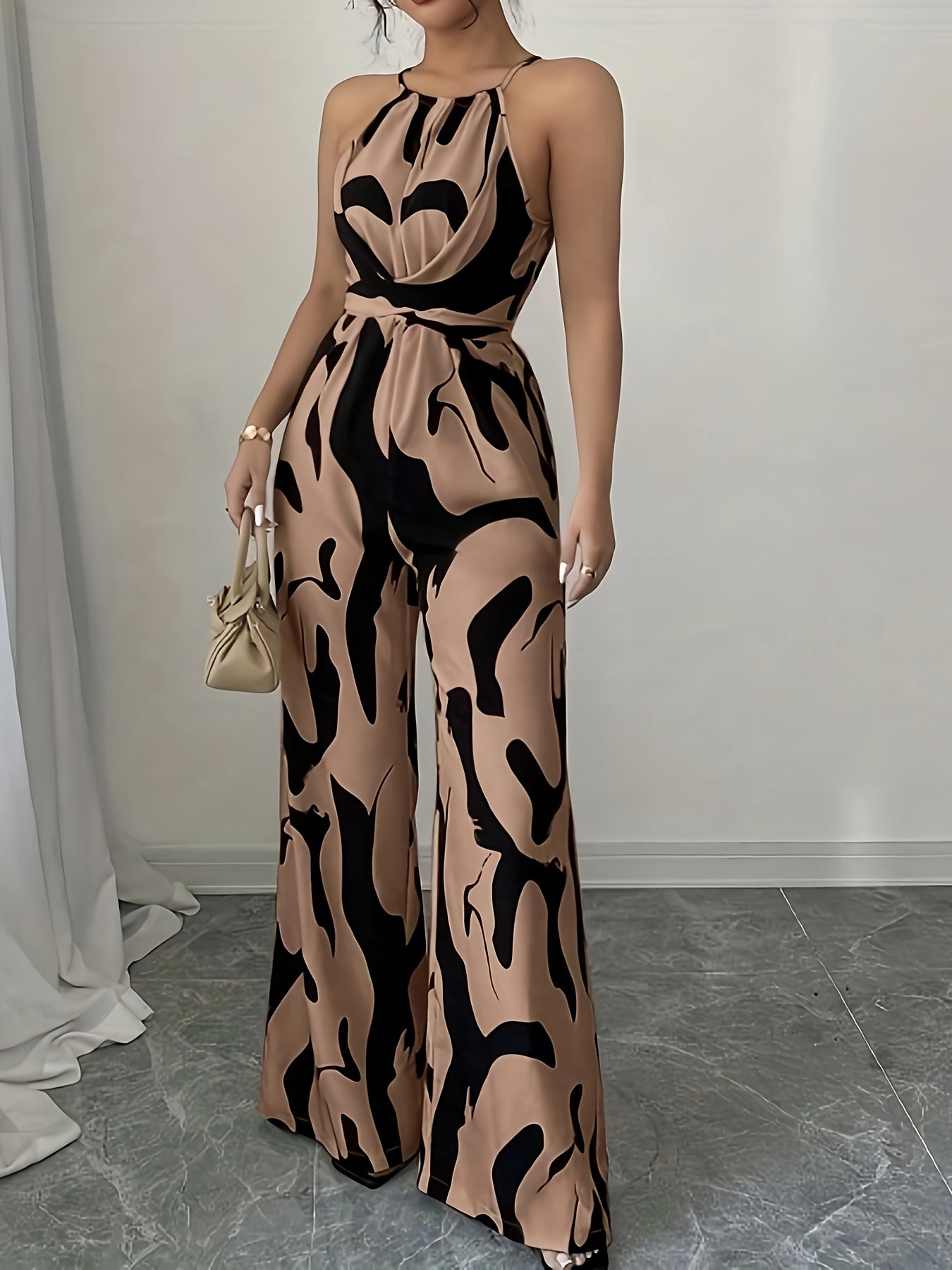 Women's Elegant Off-Shoulder Print Jumpsuit with Wide Legs and Tie Waist - Black & White Abstract Pattern, Polyester Fabric, Perfect for Vacation and Everyday Chic