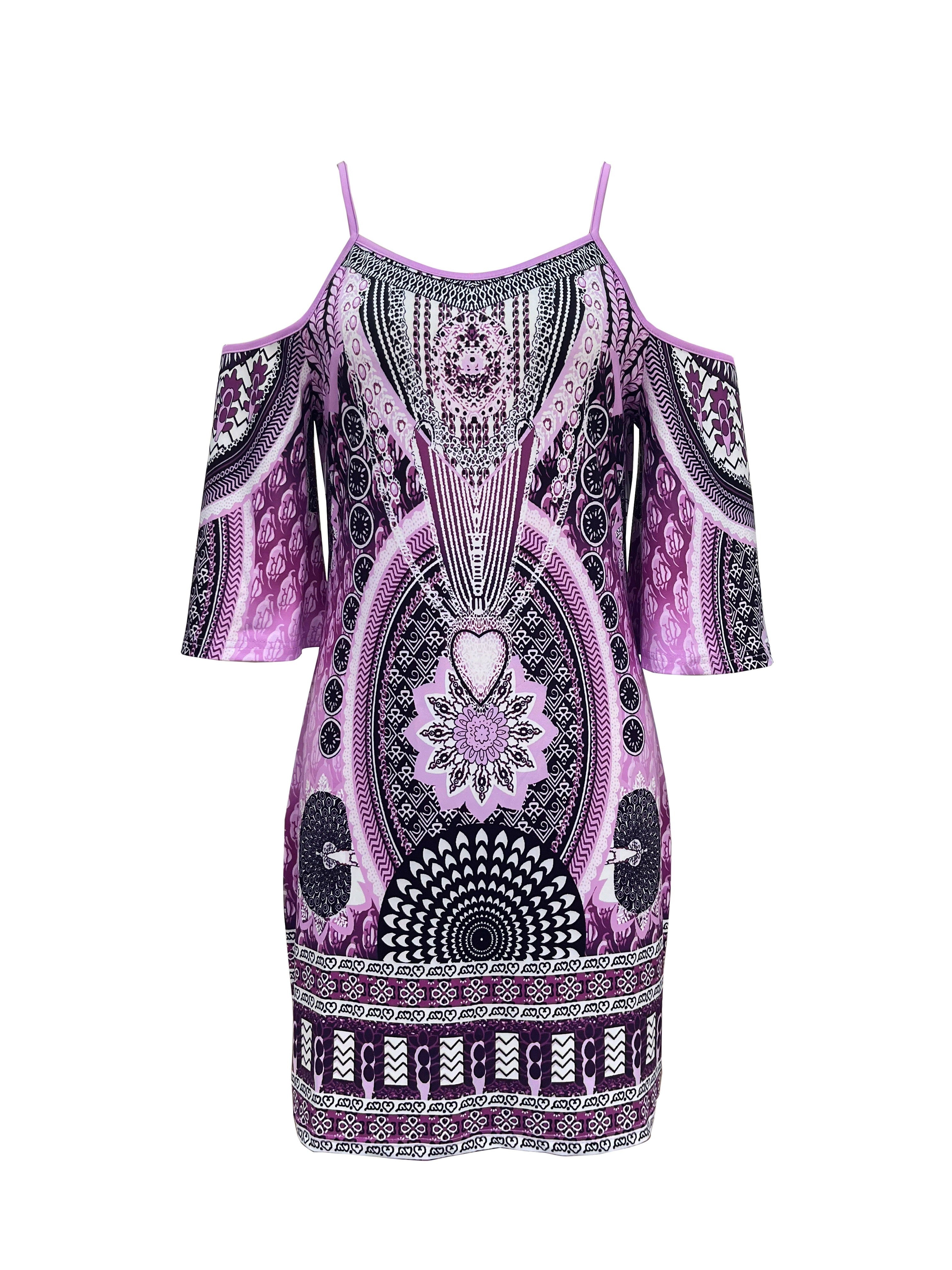 Boho Style Cold Shoulder Dress, Casual Flare Sleeve Spaghetti Strap Dress For Vacation, Women's Clothing