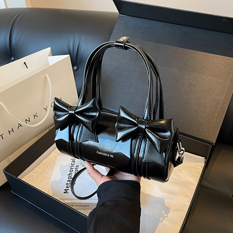 [Chic Appeal] Stylish Black Bow Tie Handbag - Large Capacity Crossbody Bag with Detachable Shoulder Strap, Elegant Glossy Finish & Polyester Lining, Crossbody Purse