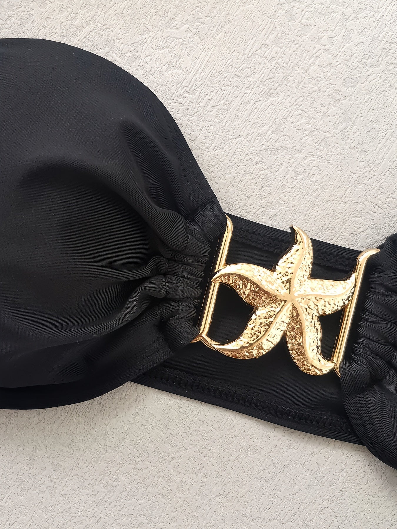3pcs Women's Bikini Set, Polyester 82.0% Elastane 18.0%, High Stretch Knit Fabric, Solid Color, Off the Shoulder Top with Starfish Detail, Sleeveless Long Skirt Swimwear, High Waisted Bikini Set