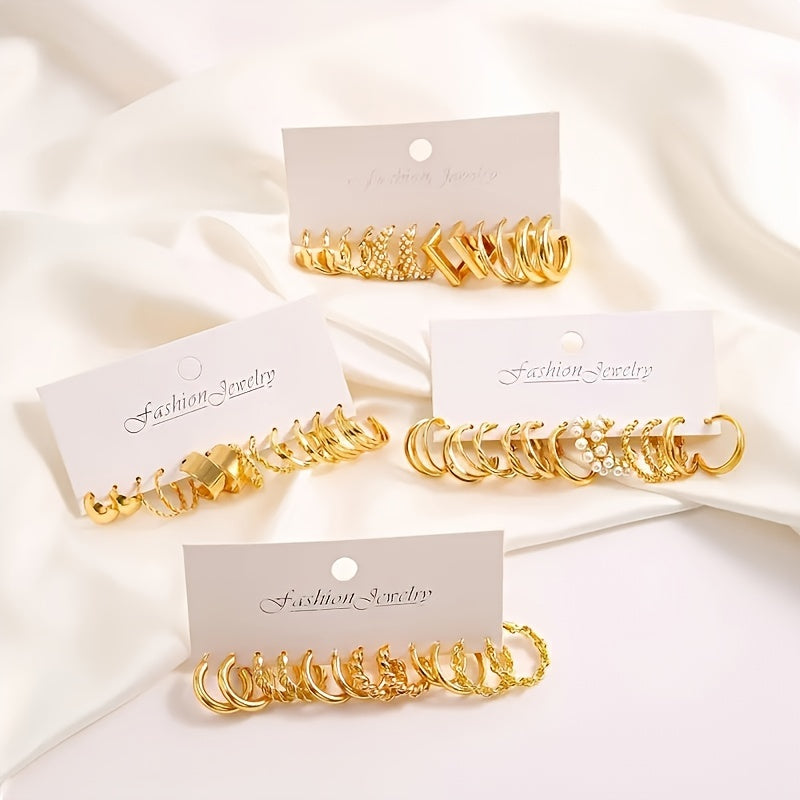 A Set Of 48 Simple And Elegant Golden Geometric Twisted Love Imitation Pearl Earrings For Ladies, Suitable For Vacation Dates, Daily Wear, And Gifts.