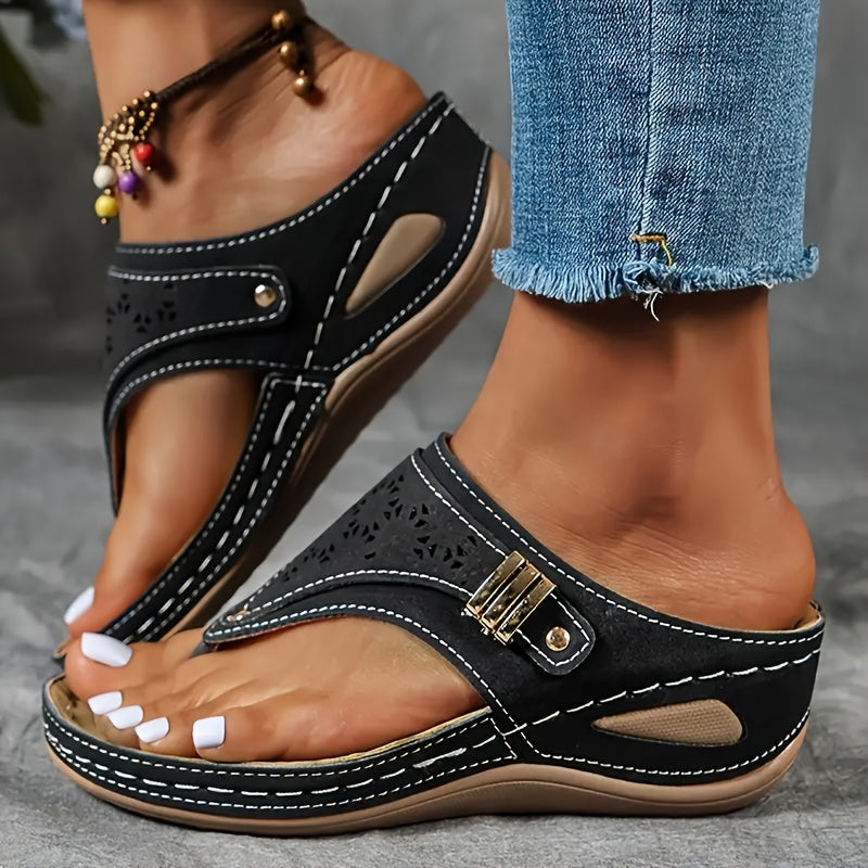Women's Open Toe Wedge Slide Sandals – Perforated Faux Cover, Arch Support, Hook-and-Loop Closure, Soft Rubber Sole, All-Season Comfort