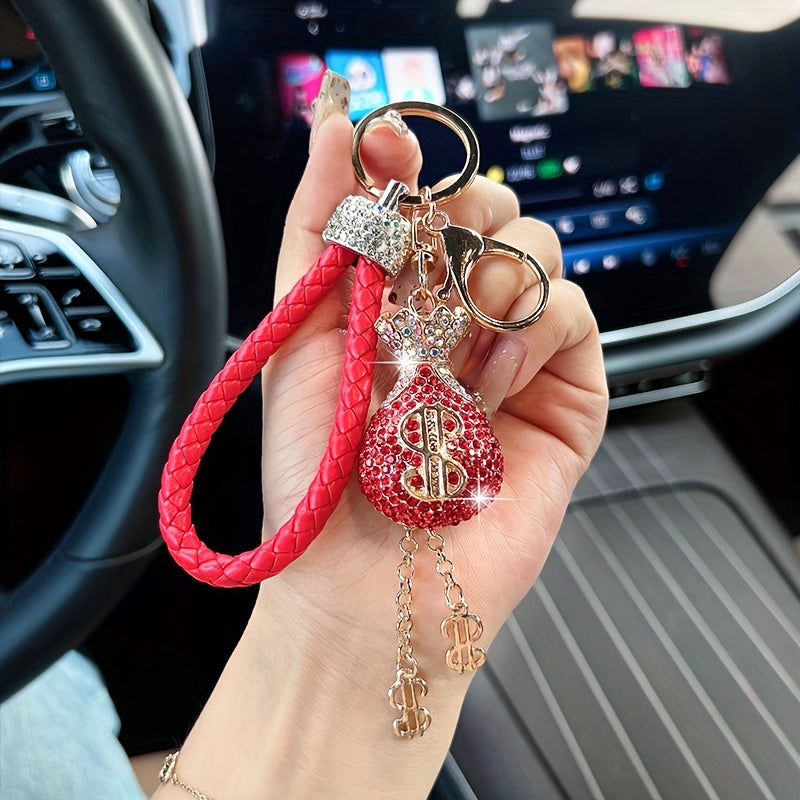 Elegant Alloy & Rhinestone-Encrusted Dollar Sign Keychain with Braided Rope - Sparkling Charm for Car Keys, Bags & Wallets - Ideal Birthday Gift
