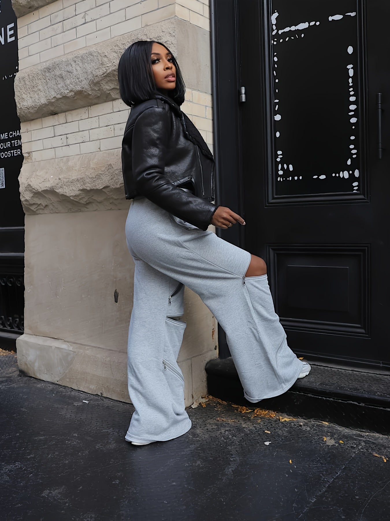 Women'S Chic European and American Fashion Flare Leg Pants with Multiple Zippers, Sexy Elastic Waistband, Loose Straight Fit - All Season Versatile Wear, Sexy Pants