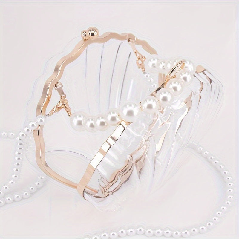 Casual Acrylic Pearl Beaded Shell Crossbody Bag with Removable Strap, Transparent Unlined Clutch with Buckle Closure, Checkpoint-Friendly Fashion Accessory