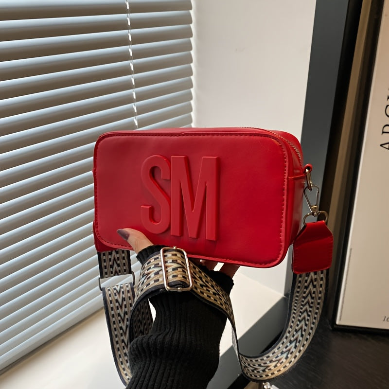 Stylish Crossbody Bag with Wide Strap – Trendy Solid Color Shoulder Bag Featuring Bold "SM" Letter Design, Zip Closure, and Polyester Lining – Available in Coffee Brown, Light Brown, Magenta, White, Red, Green, Black, Sma