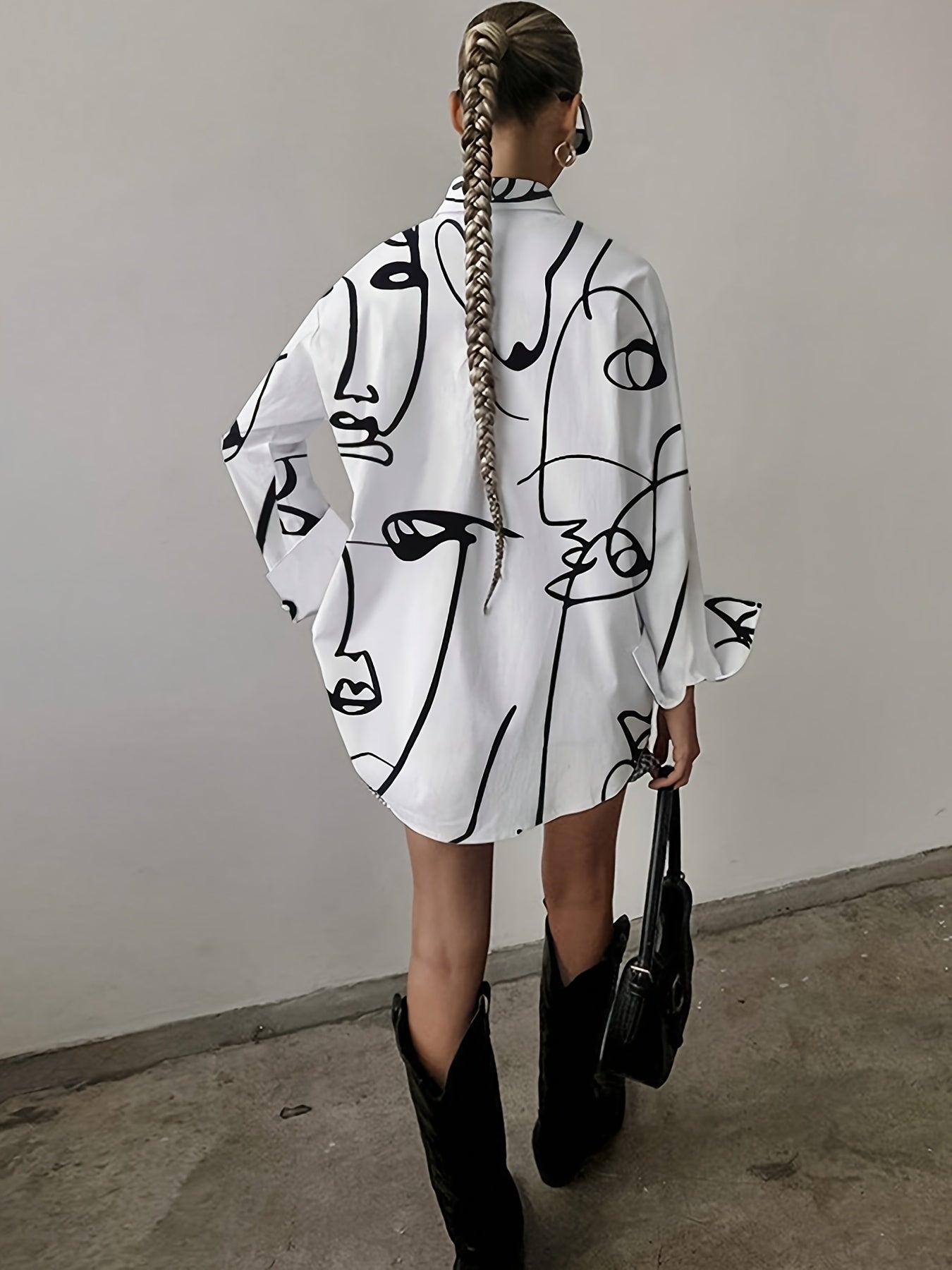Women'S Elegant Long Sleeve Button-Up Shirt with Abstract Face Print, Lapel Collar, and Chest Pocket - Stylish All-Season Fashion Top for Spring and Autumn, Allseason Blouse|Modern Casual Style|Buttonup Design