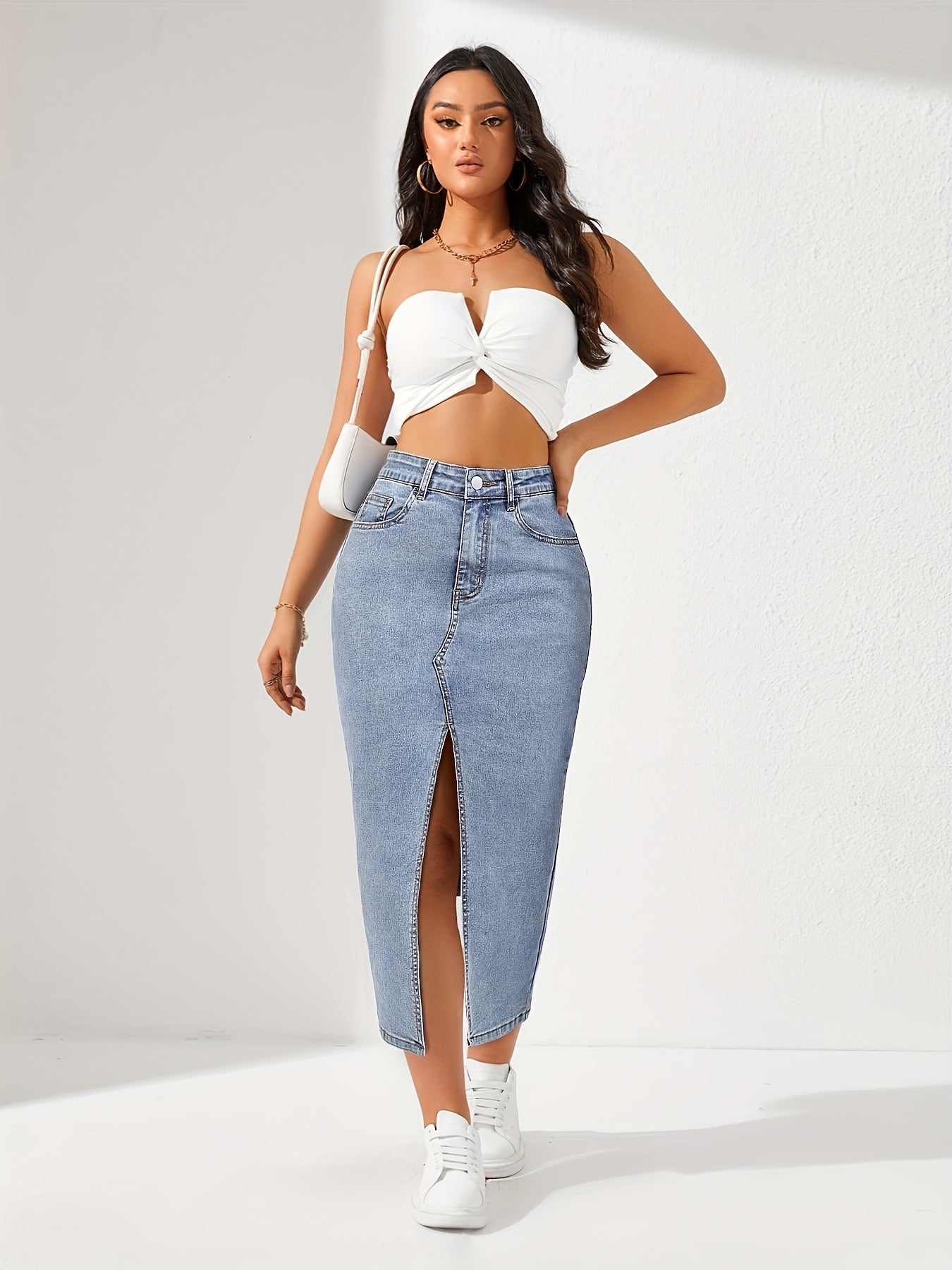 2025 Summer Women's High-Waisted Slim Fit Light Blue Denim Skirt with Side Slit - Bohemian Retro Style Machine Washable 3-Season Versatile Casual to Dressy Denim Skirt, Elegant Daywear, Sleek Finish