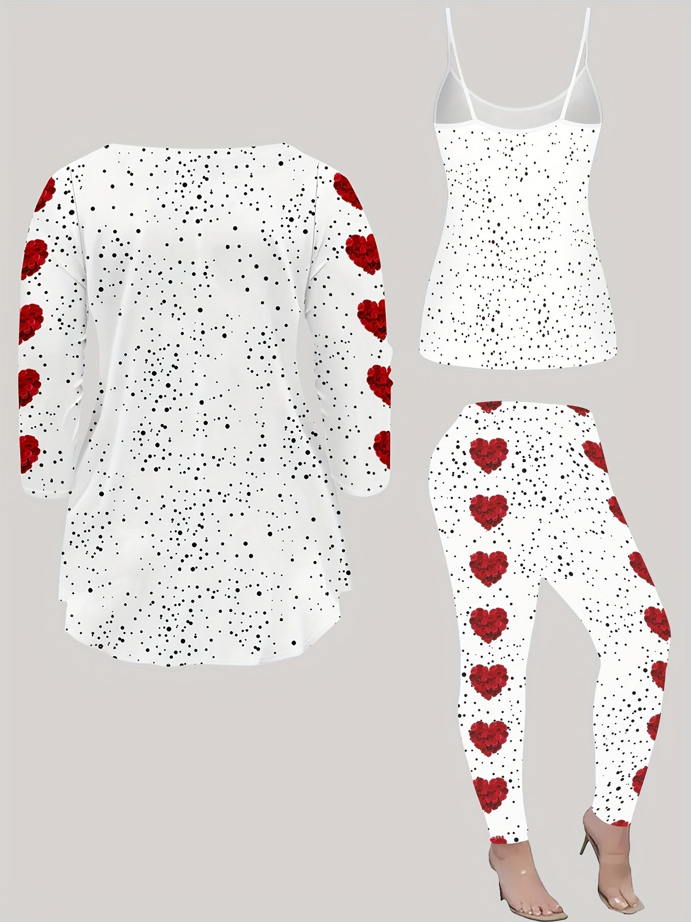 Elegant 3pcs Valentine's Day Outfit Set - Polyester Knit Fabric Crew Neck Top and Pants - 95% Polyester, 5% Spandex, All Over Heart & Rose Flower Print, Versatile All-Season Wear