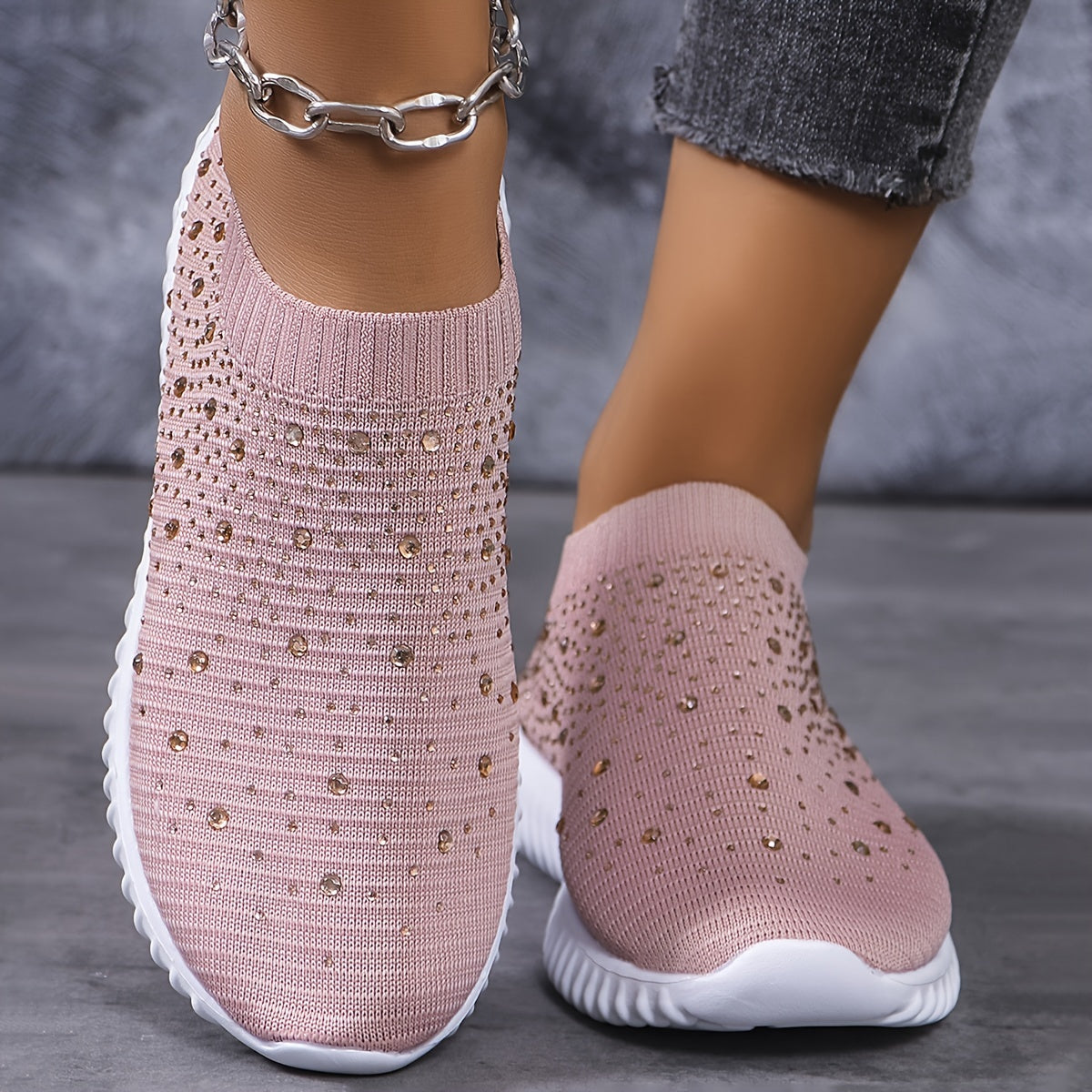 Women's Walking Sneakers With Rhinestone Decor, Breathable Fabric Casual Shoes, Comfortable Athletic Camp Shoes, Slip-on Trainer Footwear With Chunky Sole
