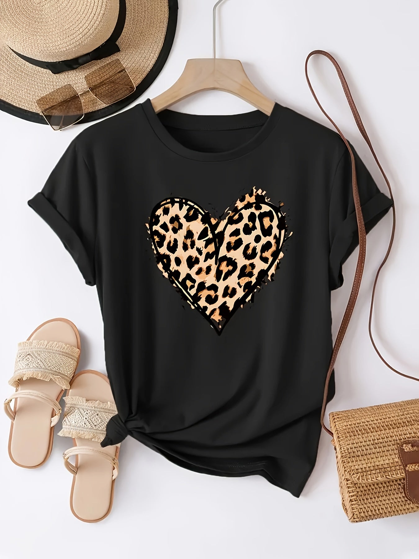 Women's Casual Leopard Print Bowknot T-Shirt - Short Sleeve, Round Neck, Soft & Comfortable Fabric, Perfect for Spring/Summer Fashion, Green Graphic Tee with Stylish Bow Design, Casual Wear | Playful Graphic Tee | Stylish Gra