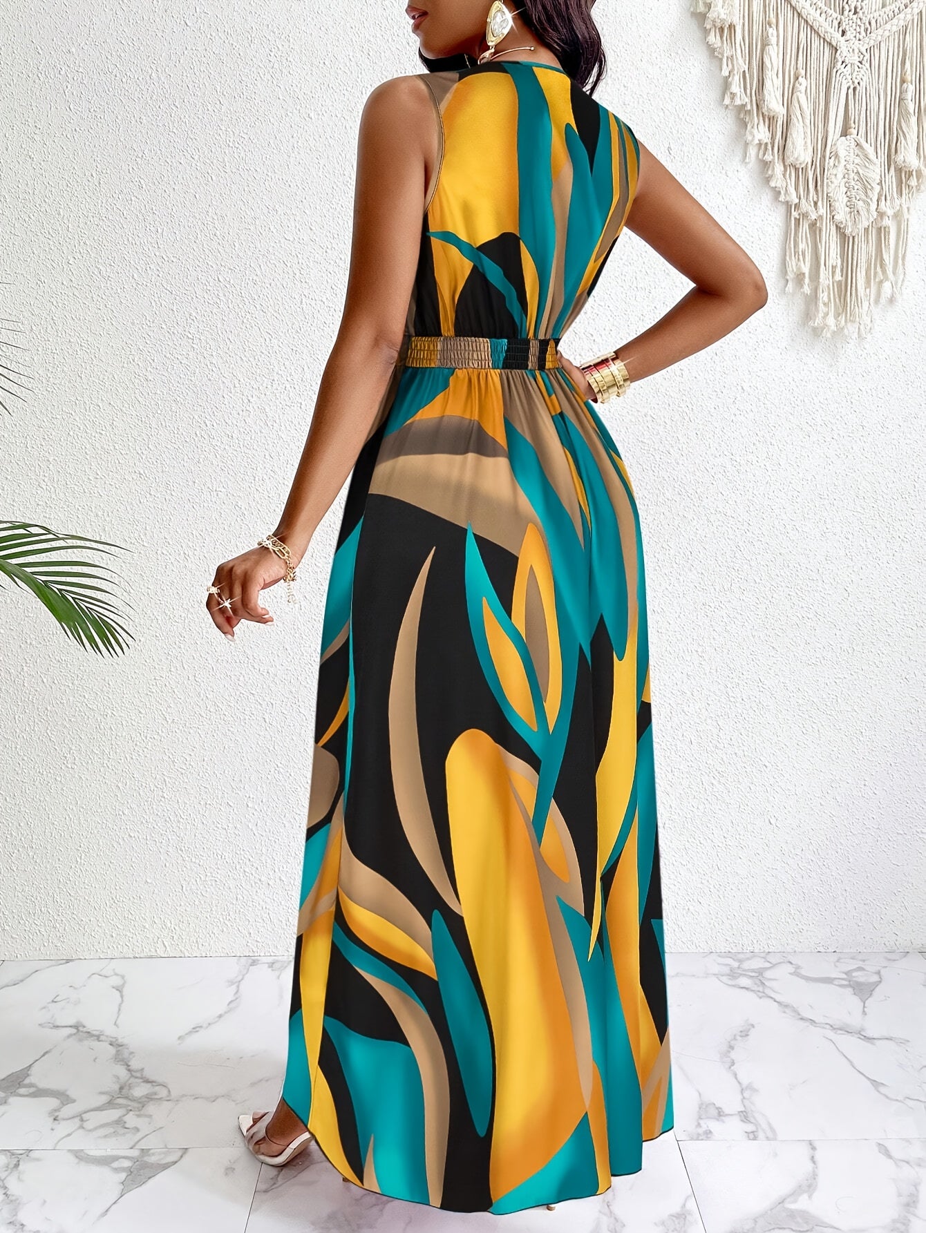 Women's Tropical Print V-Neck Flared Maxi Dress with Cinched Waist - Vibrant Red & Blue Floral Design, A-Line Silhouette, Polyester Fabric, Perfect for Vacation or Casual Outings, Vacation Wear|Flowing Skirt Style|Smooth Glos