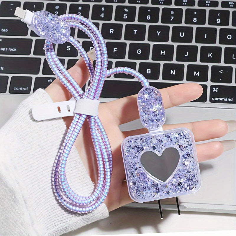 5pcs Purple and Black Glitter Charger Protective Case for Apple 20w for14 Pro Max/13/12/11 Charger and Data Cable Wrap Protection Set