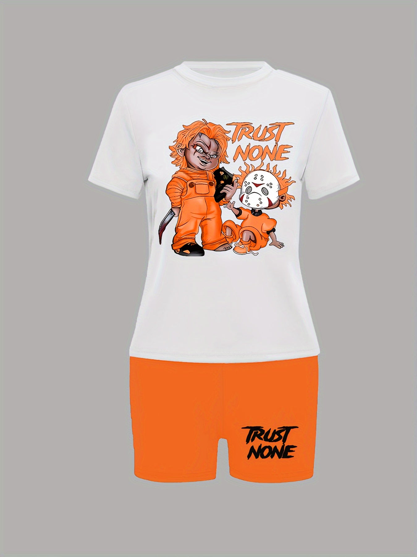 Sexy Orange & White Graphic Print Two-Piece Set - Women's "TRUST NONE" Short Sleeve T-Shirt & High-Waist Shorts, Polyester Blend, Machine Washable