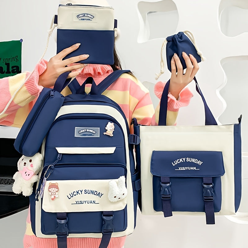 Five-Piece Large Capacity Double Shoulder Bag Women's Fashion Simple Color-Block Casual Backpack (No Pendant, Badge Ladies Travel Bag)