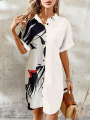 Elegant Women's Portrait Print Shirt Dress - Chic Button-Up Cardigan with Short Sleeves, Polyester, Machine Washable, Ideal for Spring/Summer