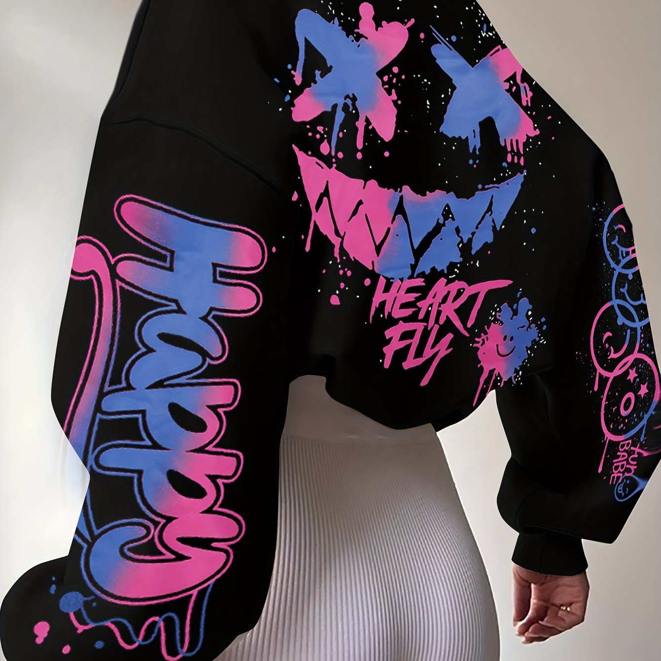 Women's Elegant Graffiti Letter Print Sweatshirt - Black with Pink & Blue Art, Round Neck, Medium Stretch, Machine Washable, Autumn Winter Casual Pullover, Ladies Sweatshirts, Everyday Comfort, Bold Graphic Design, Medium Str