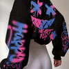 Women's Elegant Graffiti Letter Print Sweatshirt - Black with Pink & Blue Art, Round Neck, Medium Stretch, Machine Washable, Autumn Winter Casual Pullover, Ladies Sweatshirts, Everyday Comfort, Bold Graphic Design, Medium Str