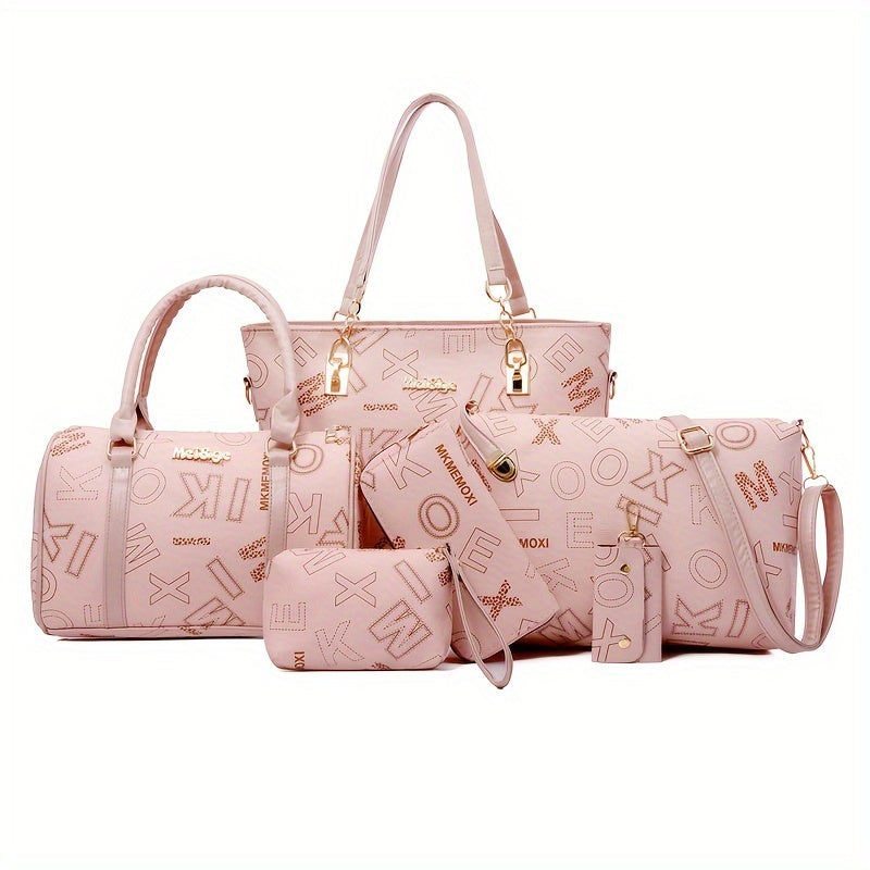 6pcs Retro Letter Print Womens Bag Set - Stylish & Versatile Tote, Boston Bag, Crossbody, Clutch, Wallet, Wristlet & Key Holder