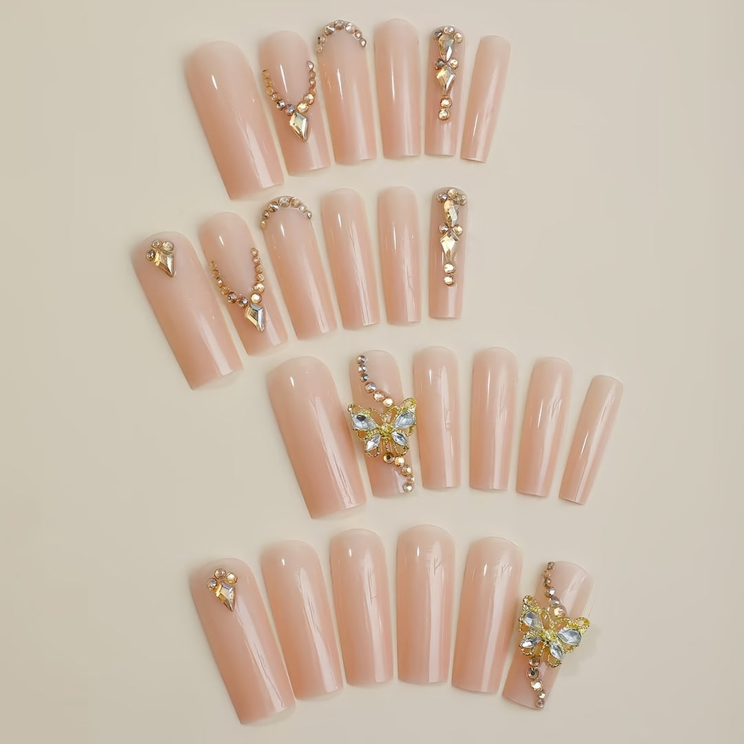 Super Long Square Shape Nude Nail Tips with Glitter Finish and 3D Butterfly Diamond Accents - 24pcs Glossy Fake Nails Set with Nail File and Tape for Women and Girls