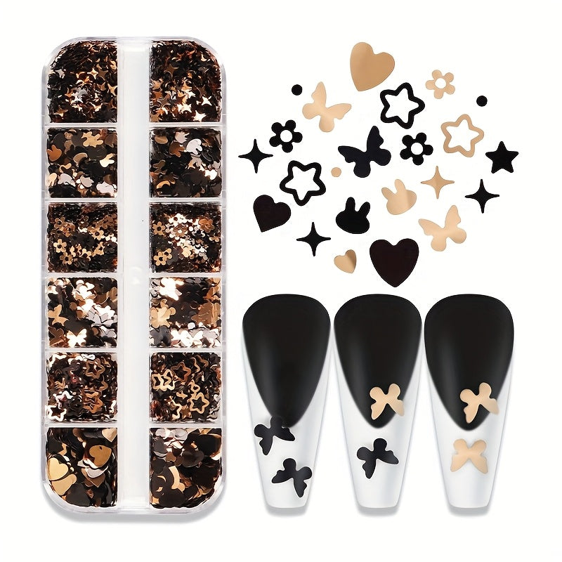 Yanyniu 12-Grid Butterfly & Floral Nail Glitter - Black, Golden & White Mix | Sparkling Rabbit & Flower Designs for Nail Art Decoration