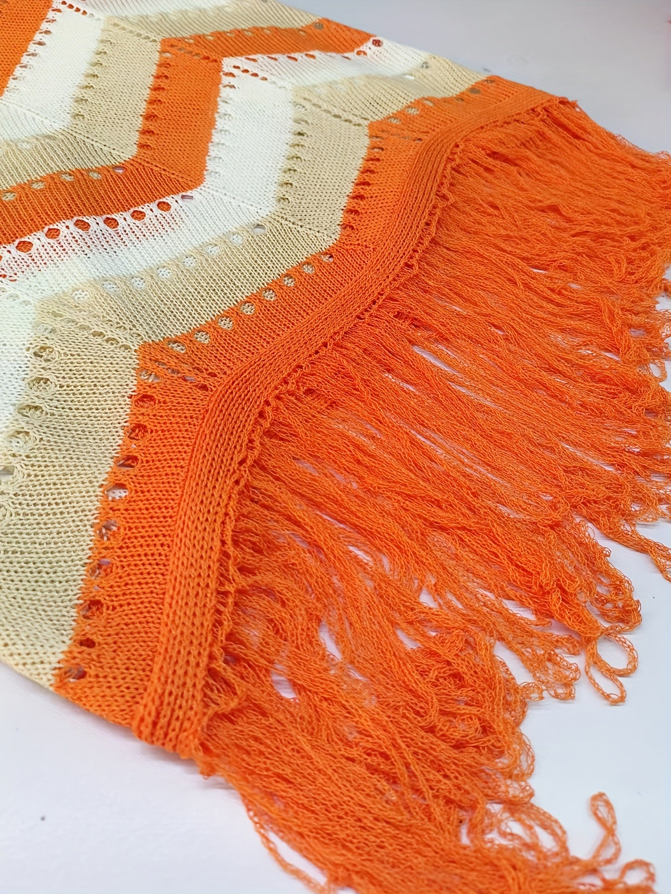 Women's Lightweight Knit Lace Beach Dress - V-Neck Geometric Pattern with Orange/Beige Stripes & Fringe Hem, Semi-Sheer X-Line Midi Dress for Spring Summer Fall, Casual to Evening Wear