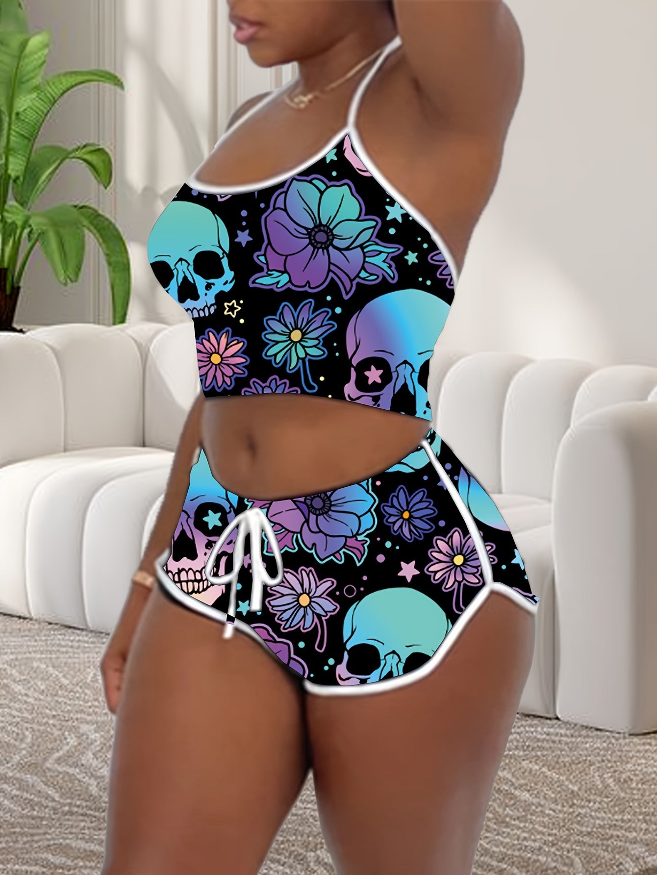 Sexy Solid Binding Lounge Set, Halter Neck Backless Crop Cami Top & Elastic Shorts - Women's Loungewear & Sleepwear - For Women - Perfect for Relaxing at Home - Ideal Gift for Her