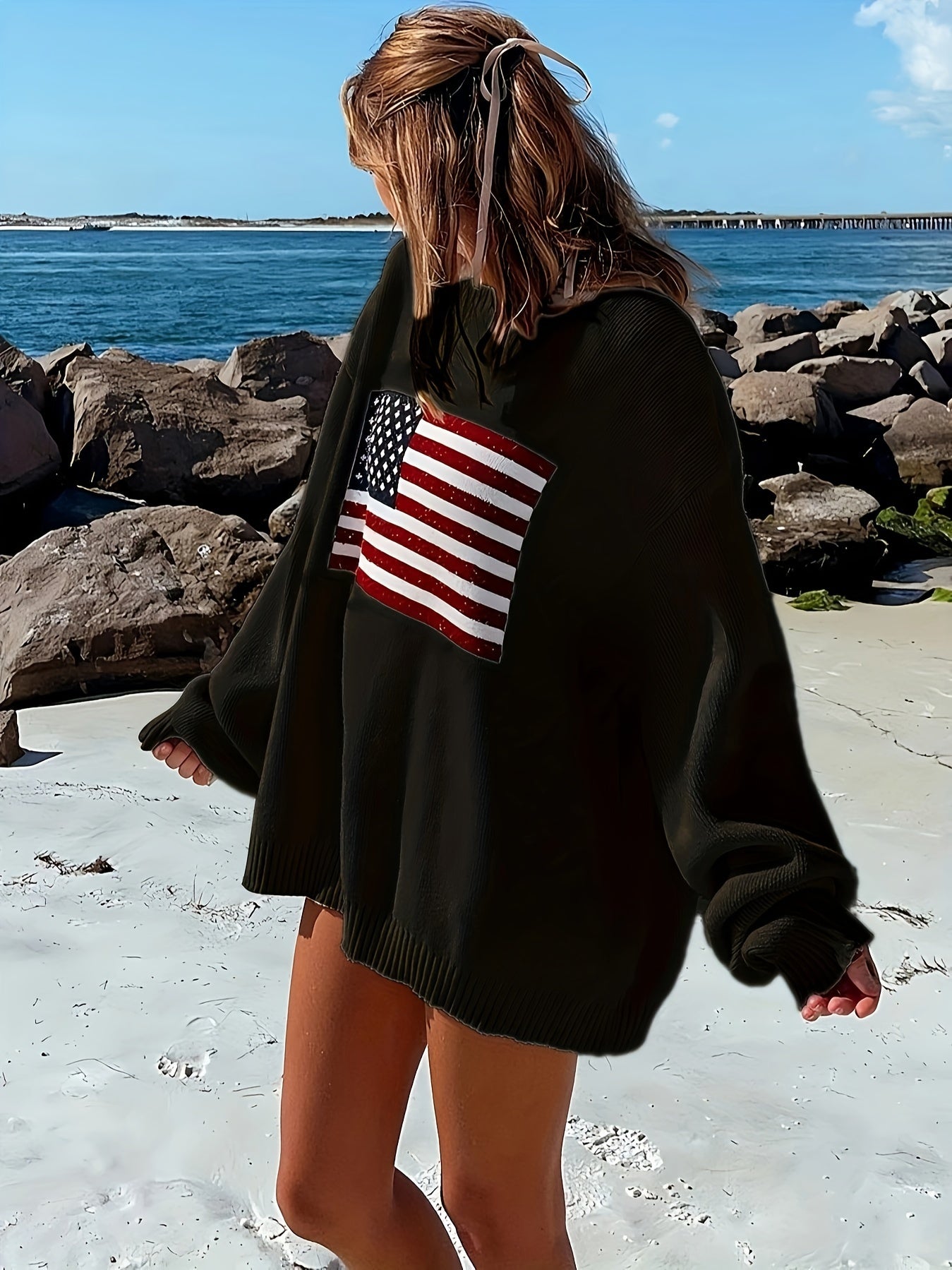 American Flag Pattern Pullover Sweater, Casual Crew Neck Long Sleeve Loose Sweater, Women's Clothing
