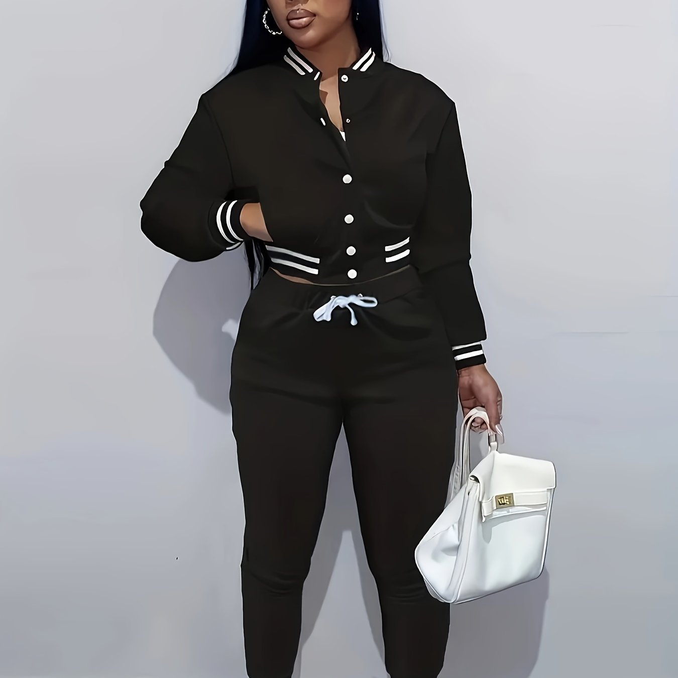 Casual Two-piece Set, Button Front Bomber Jacket & Drawstring Pants Outfits, Women's Clothing