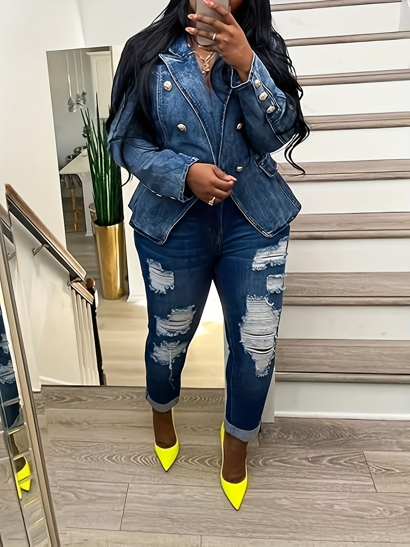 Blazers For Women Business Casual Denim Long Sleeves Lapel Double Breasted Jacket