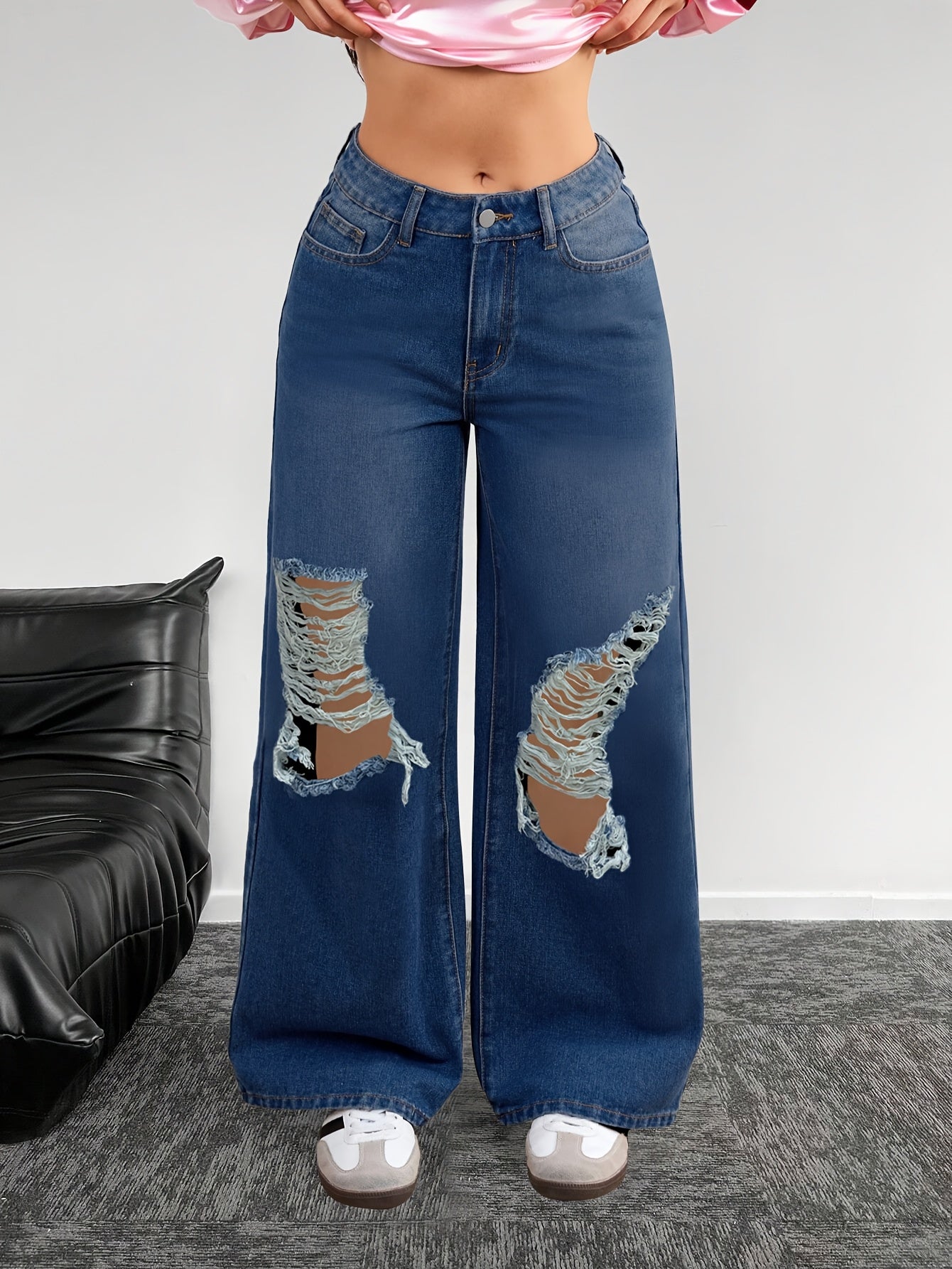 European And American Women's Jeans with Holes, Wide Leg Pants, Women's Pants