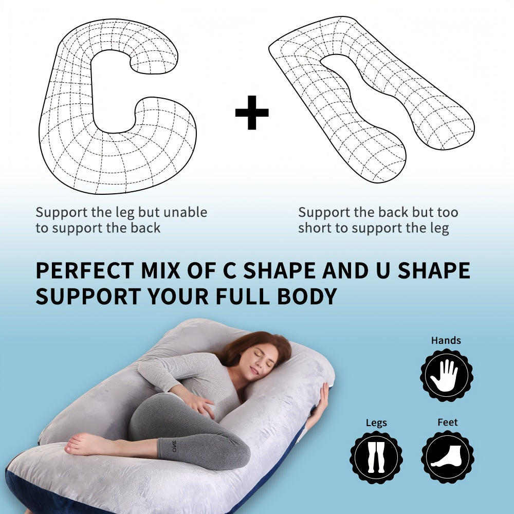 [Full Body Maternity Pillow] 60-inch Full Body Pillow - J-Shaped Maternity Pillow with Velvet Pillowcase - Back, Leg, and Tummy Support for Comfortable Sleep