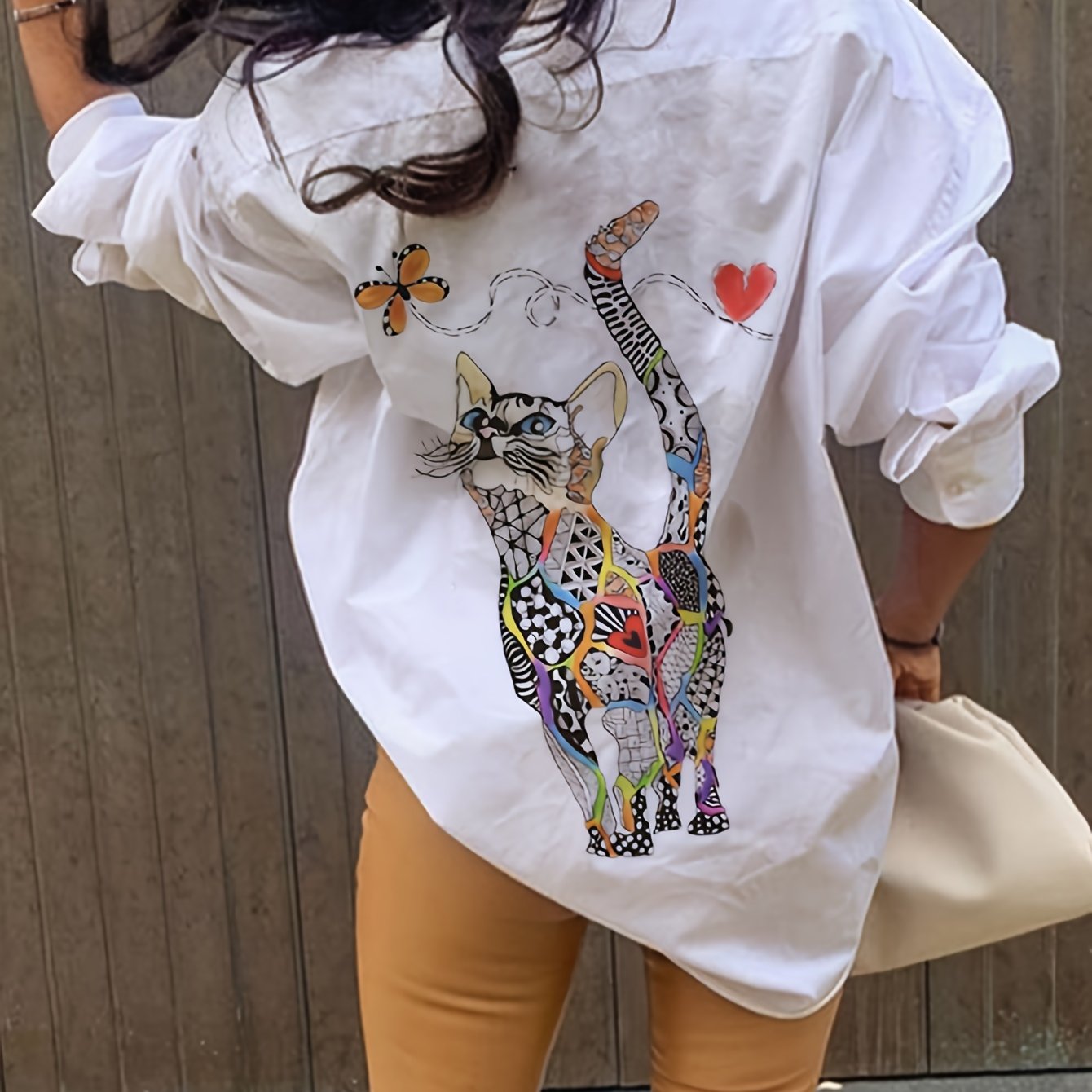 Cat Print Patched Pocket Button Front Shirt, Casual Long Sleeve Shirt For Spring & Fall, Women's Clothing