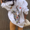 Cat Print Patched Pocket Button Front Shirt, Casual Long Sleeve Shirt For Spring & Fall, Women's Clothing