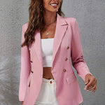 Elegant H-Shape Double-Breasted Blazer with Long Sleeves - Solid Color Polyester Woven Jacket, Regular Fit, Non-Waterproof, No Belt, Spring/Fall Collection