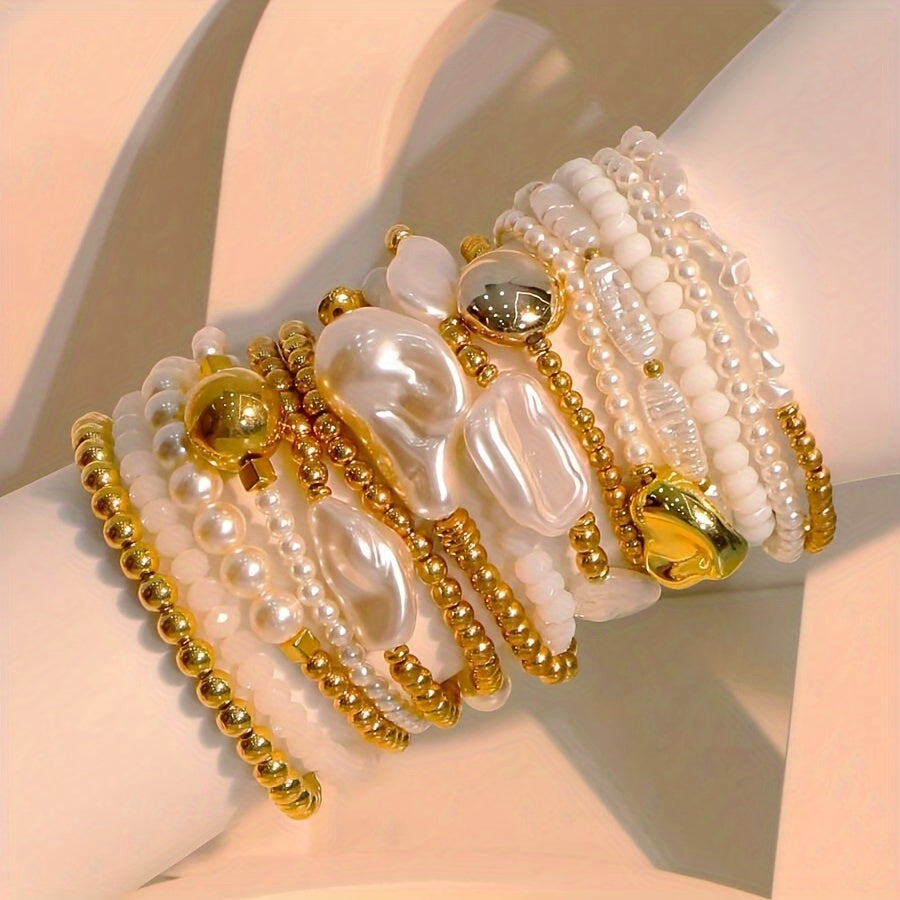 15pcs Women's Irregular Bead Bracelets - 14K Gold Plated, Imitation Pearl & Acrylic Beads - All Season Essentials | Fashionable Design | Versatile Accessory