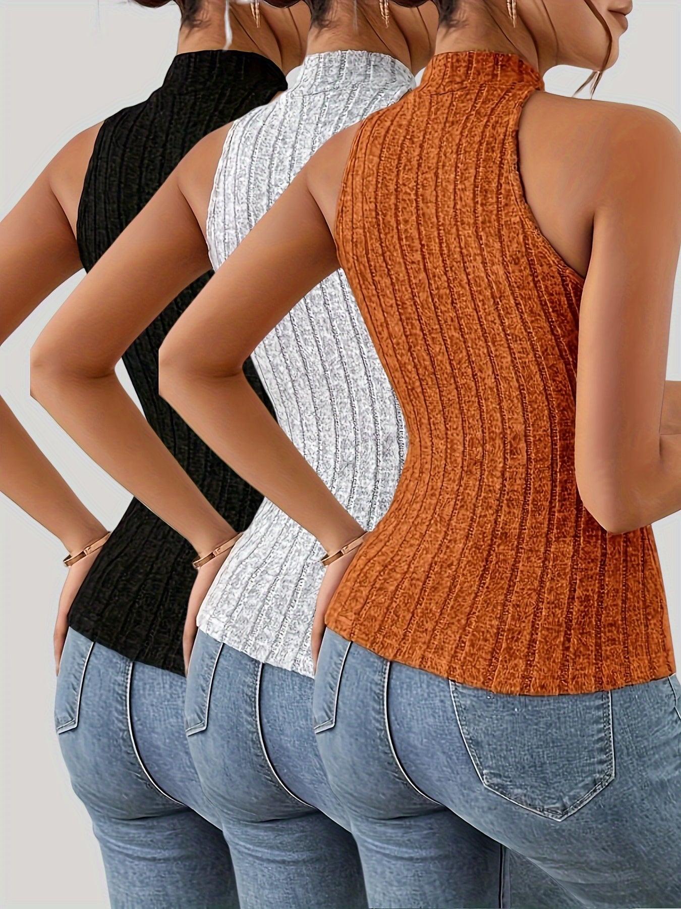 Set of 3 Women'S Fashion Halter Top Camisoles, Polyester Knit Fabric, Casual Solid Color Sleeveless Tanks, Stylish Ribbed V-Neck Crop Tops for Spring/Summer/Fall