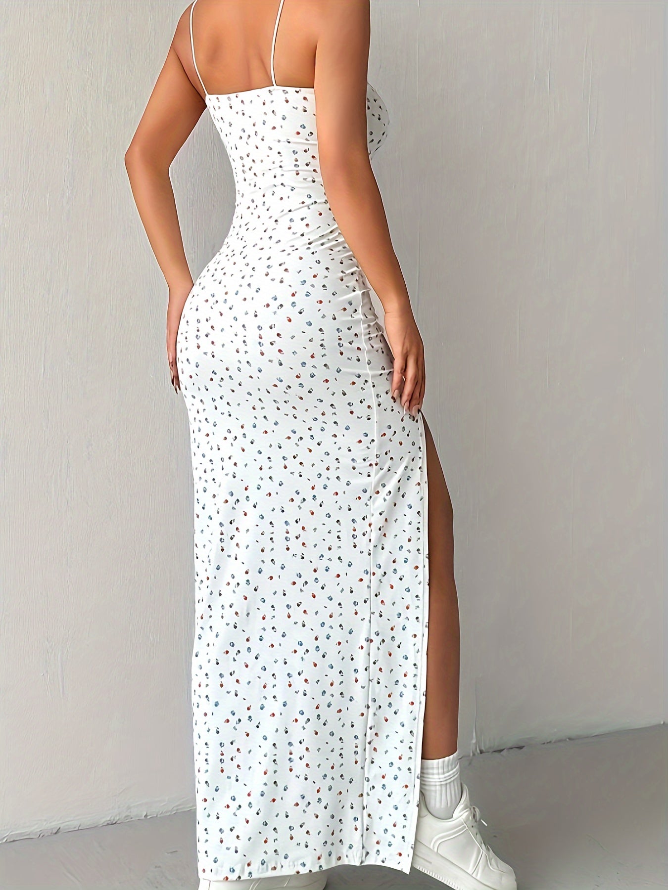 Solid Split Thigh Cami Dress, Sexy Spaghetti Strap Sleeveless Backless Dress, Women's Clothing For Party Dressing