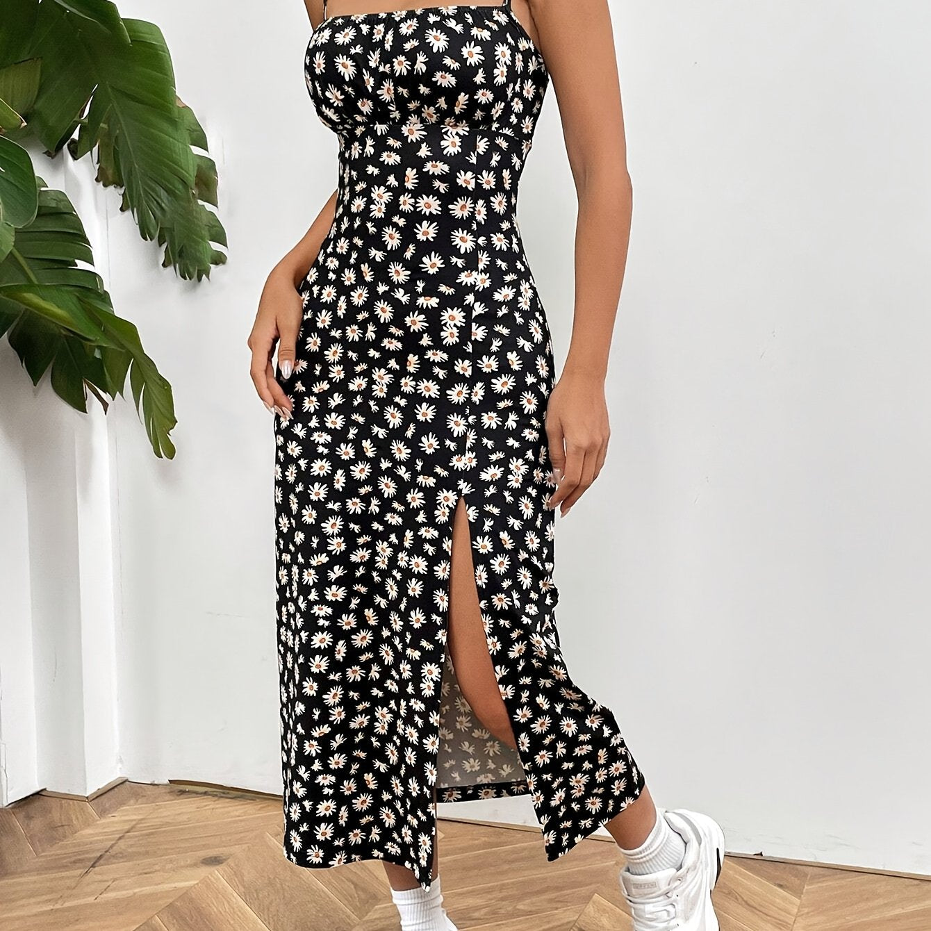 Women's Elegant Floral Print Knit Midi Dress with Adjustable Thin Straps, Ruffled Hem & Split Side - Yellow Off-Shoulder Vacation Dress for Spring & Summer, Summer Outfit | Offshoulder Dress | Stylish Design, Cute Dresses