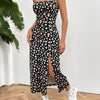 Women's Elegant Floral Print Knit Midi Dress with Adjustable Thin Straps, Ruffled Hem & Split Side - Yellow Off-Shoulder Vacation Dress for Spring & Summer, Summer Outfit | Offshoulder Dress | Stylish Design, Cute Dresses