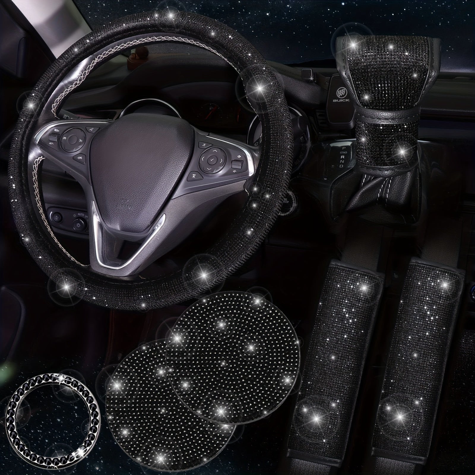 Bling Car Accessories For Women, Bling Steering Wheel Cover Bling Car Coasters Bling Set Seat Belt Shoulder Pads Ring Emblem Sticker Gear Shift Cover