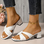 Women's White PU Cover Slip-On Sandals - Chunky Mid-Heel Open-Toe Summer Shoes with Cushioned Insole & TPU Sole, Comfortable Casual to Dressy Versatile Footwear (Extended Sizes Available)