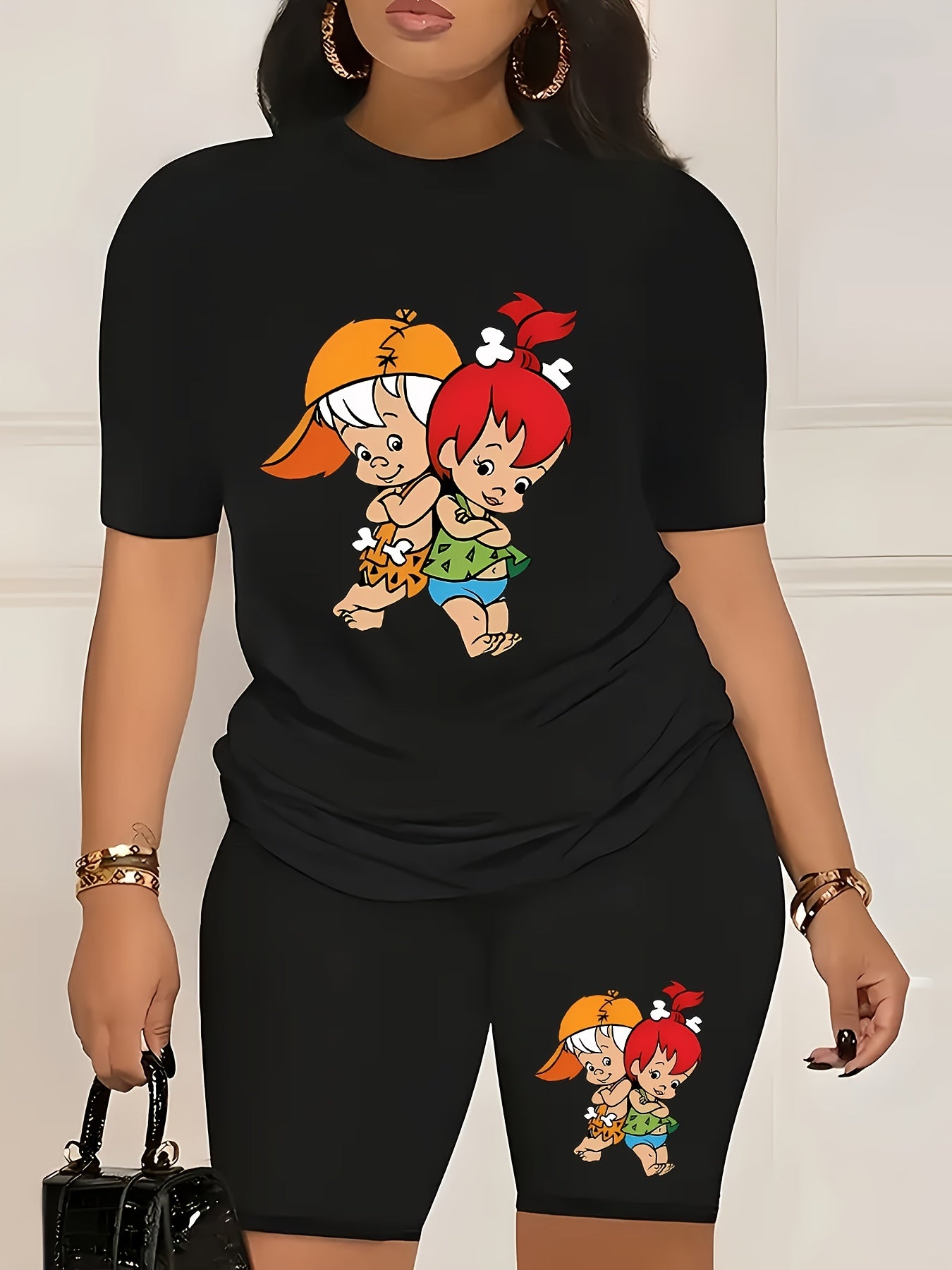 Trendy Cartoon Graphic Tee & High-Waisted Biker Shorts - Soft, Stretchy, and Comfortable Polyester Blend for Spring/Summer Outfits