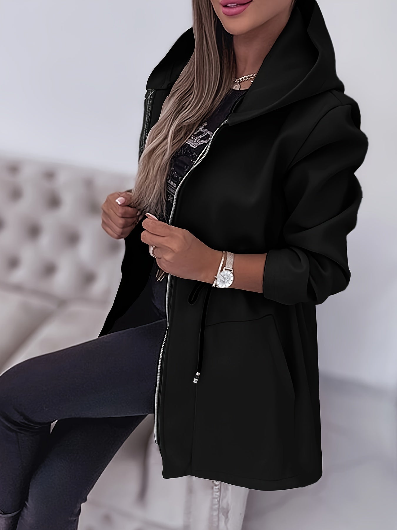 Women's Casual Hooded Jacket with Drawstring & Zip Pockets - Polyester, Machine Washable, Solid Color for Fall/Winter